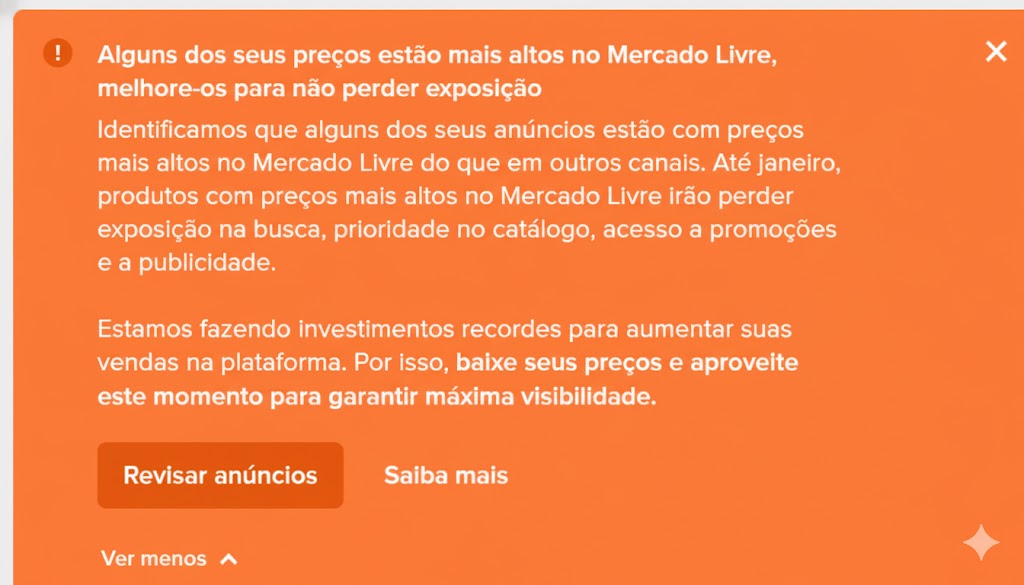 Captura de tela do painel do Mercado Livre mostrando alerta sobre preços mais altos em outros canais